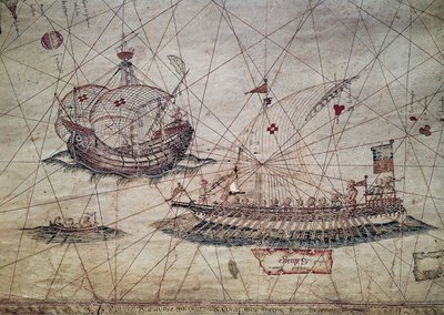 ガレーとポルトガルのカラベル（「地中海航海図」より抜粋 作： Grazioso Benincasa