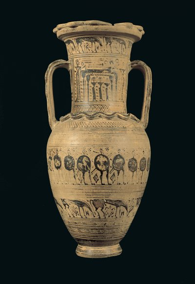 屋根裏アンフォラ、後期幾何II B期（紀元前720〜700年）（粘土を塗ったもの） 作： Greek