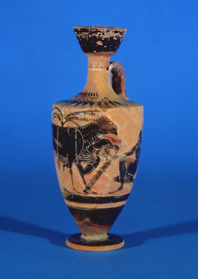 オデュッセウスが脱出するサイクロプスを描いた屋根裏の黒像レキトス、c。紀元前530年 作： Greek