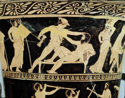 ディノスの画家、紀元前425年頃のセラミック製、テセウスの冒険のシーン、テセウスの詳細と巨大なプロクラステスで装飾された屋根裏の赤像の聖杯クレーター 作： Greek