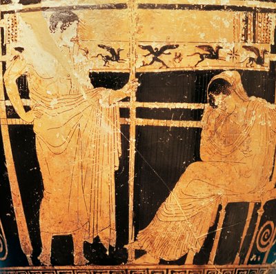 ペネロペとテレマコスを描いたテレーマクスの画家によるアッティカのスカイフォーズ（赤土の陶器） 作： Greek