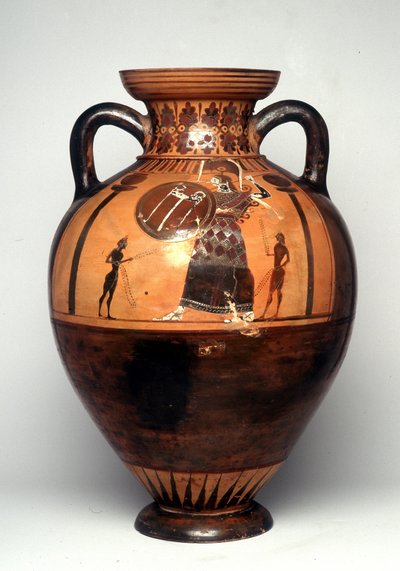 盾と槍を振りかざすアテナを描いた黒い像の壺 紀元前550年頃（陶製 作： Greek