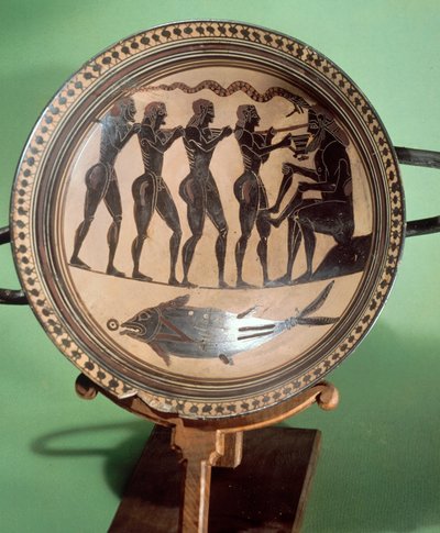 ポリュペムスの目潰しをするユリシーズを描いた杯、黒絵陶器、ギリシャ文明、紀元前6世紀 作： Greek