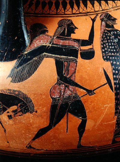 テセウスとミノタウロスの物語を描いたアンフォラの細部（粘土製）、紀元前540年頃（288292、288293も参照） 作： Greek