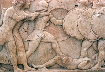 トロイの外で戦う、シフニアントレジャリーからのフリーズ、紀元前525年頃（大理石） 作： Greek