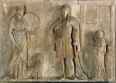 ギリシャ美術前2世紀の大理石製レリーフ「フリギアの神々、サイベレとその息子であり恋人であるアティス」。ヴェネツィア、アルケオロジコ美術館 作： Greek
