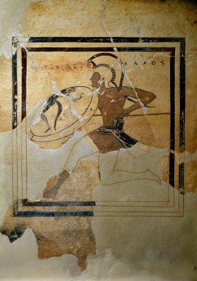 ギリシャのアート。紀元前520〜510年頃の「フルレースのホープライトを表したテラコッタ製のパイナックス（奉納板）」。太陽、高さ65.5cm アテネ、アクロポリス博物館(inv. 67) 作： Greek