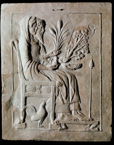 ギリシャ美術：ペルセポネの奉納テラコッタ・タブレットが、ロクリから出土したトローンとハーデスの上に置かれている。紀元前470年レッジョ・カラブリア、国立博物館 作： Greek