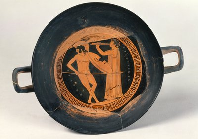 アリスティデス長老（陶器）による、ピューリッヒを踊る戦士を描いたギリシャの赤像式カップ 作： Greek