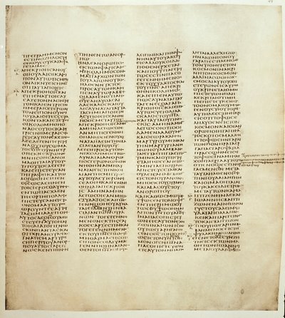 聖ヨハネの福音書のページ。ギリシャ語の写本は、330年から350年の間にシナイティカス写本として知られている。ロンドン聖書協会 作： Greek