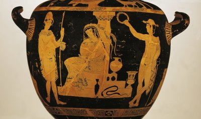 アガメムノンの墓のオレステス、エレクトラ、ピラデスが描かれた赤像のクラテル（土器） 作： Greek