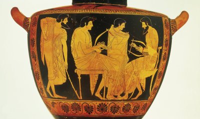 赤絵陶器、アッティカ時代のハイドリア（音楽のレッスンを描いたフィンティアス作 作： Greek
