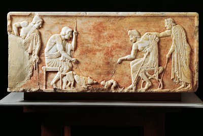 犬と猫の戦いを描いたステイル、紀元前510年（レリーフ） 作： Greek