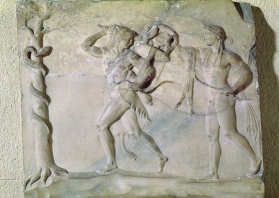 アポロ（大理石）の前でDelphic Tripodを運ぶヘラクレスを描いたタブレット 作： Greek