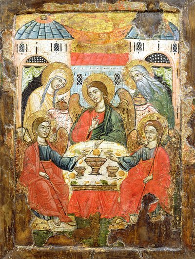 アブラハムと三人の天使、アイコン、マケドニア出身、1700年頃（パネル上のテンペラ） 作： Greek School