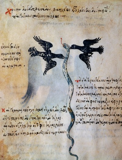 2羽のカラスの間にコンスタンティノープルが描かれている、レオ6世賢人の託宣の細密画 作： Greek School
