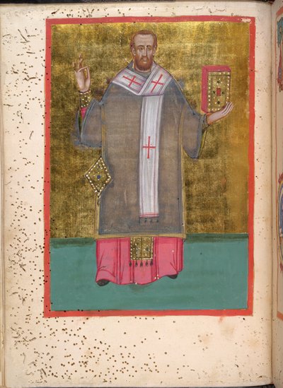 Egerton 2392、f.5v、本を持って立っているジョン・クリソストムのミニチュア、「叙階サービスと祈りを含む Leitourgikon」より 作： Greek School