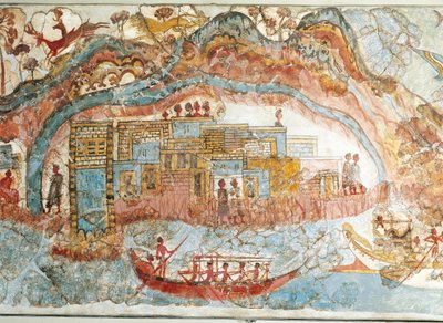 アクロティリ、テラ島、サントリーニ島、ギリシャ、詳細、沿岸の町からの船の行列を描いたフレスコ画 作： Greek School