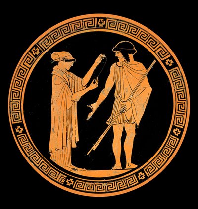 陶製の赤い人物像による装飾「勇敢な会話紀元前5世紀頃（陶製 作： Greek School