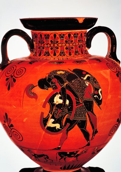 紀元前6世紀のギリシャ文明、黒絵陶器。アキレスの遺体を運ぶエイジャックスを描いたアンフォラ。 作： Greek School