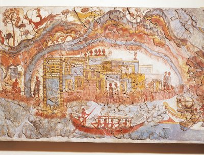 ギリシャ文明、船の行列を描いたフレスコ画、アクロティリ、テラ島、サントリーニ島、ギリシャから 作： Greek School