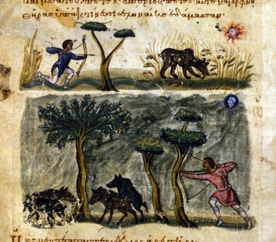 イノシシを狩る様子は、13世紀のギリシャの写本「Oppianus De Venatione」に描かれています。 作： Greek School