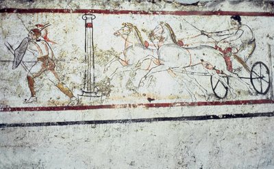 戦車に乗った剣闘士と男を描いたルカニアンフレスコ画の墓壁画、ペストゥム350-330 BC 作： Greek School
