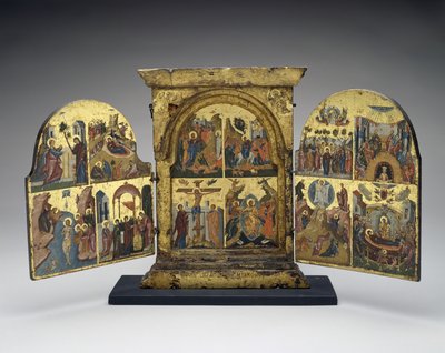 ラザロの育成;エルサレム入城;はりつけ;キリストの地獄への降下（中央パネル）、16世紀後半（木に金箔を貼ったテンペラ） 作： Greek School