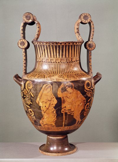 Boeotia（ceramic）からの、甥とヒマティオンを身に着けている女性との間の会話を描いた赤像式クレーター 作： Greek School