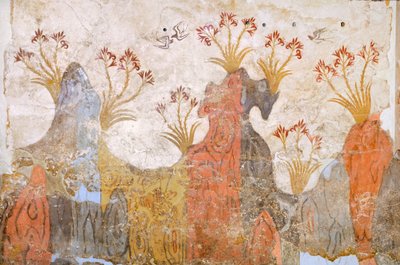 ユリまたは春の部屋、アクロティリのフレスコ画、テラ (現在のサントリーニ島)、ギリシャ、ミノア文明 作： Greek School