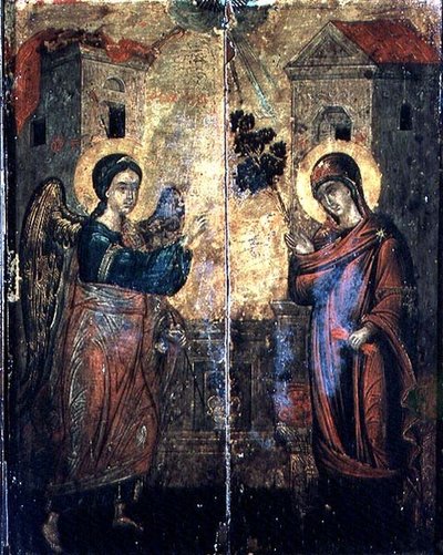 受胎告知」（2枚のパネルに油彩 作： Greek School