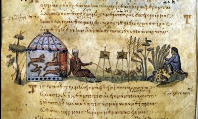 鳴き声での鳥の狩り。オピアヌス・デ・ヴェナチオーネのギリシャ語写本 作： Greek School