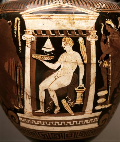 ギリシャ美術：アプーリアの赤い人物像。葬儀の場面。前330-320年頃の陶器。 作： Greek School