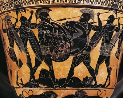Kreikkalainen sivilisaatio, mustahahmokeramiikka, Patrokloksen ruumiista taistelua kuvaava krateri, Farsalasta, Kreikasta 作： Greek School