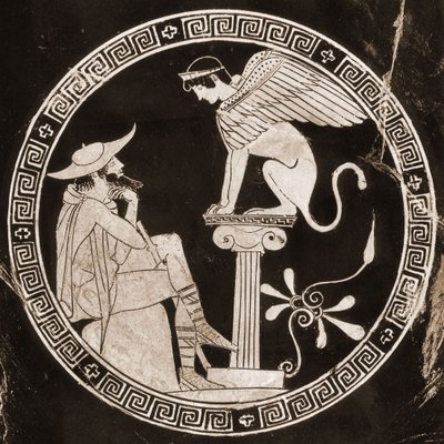 テーベでスフィンクスの質問に答えるオイディプス、紀元前5世紀（セラミック） 作： Greek School
