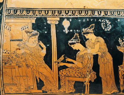 赤像式の陶器、Eretria Painter による Epinetron、トイレで女性を描いた、詳細 作： Greek School