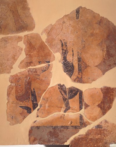 ハンターの帰還、ギリシャ、サーモスのテンプル C のフレスコ画、ギリシャ文明、紀元前 630 年頃 作： Greek School