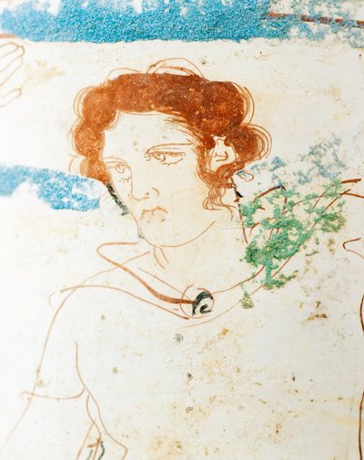白地の陶器、墓前の戦士との葬式の場面を描いたアッティカのレキトス、細部 作： Greek School