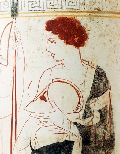 白地の陶器、墓前の戦士との葬式の場面を描いたアッティカのレキトス、細部 作： Greek School