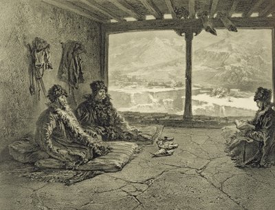 1847年パリのアルフレッドレオンルメルシエによって出版されたアドルフムイエロン（1820-81）によって刻まれた、コーカサスの本からのプレート50、ダゲスタンのホスラフでのシャリア講義 作： Grigori Grigorevich Gagarin