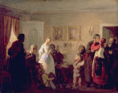 マナーハウスで新婚夫婦を祝福、1860 作： Grigori Grigorievich Mjasoedov