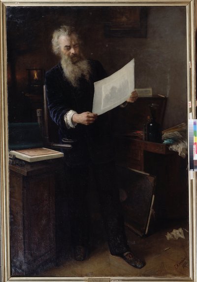 「第一印象」（第一印象）。 アーティストのイワン・イワノビッチ・シシキン (Ivan Ivanovitch Shishkin) (1832-1898) が、制作したばかりの作品の 1 つを見ている肖像画。 Grigori (Grigoriy, Grigory) による絵画 Grigoryevich Myasoyedov ( 作： Grigori Grigoryevich Myasoedov