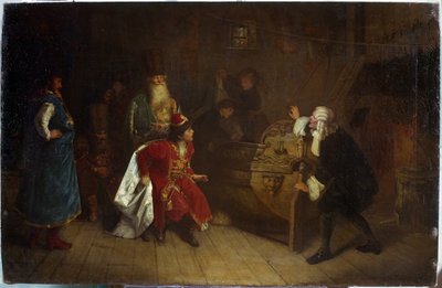ロシア艦隊の祖父。 （ロシア艦隊の祖父）。 ピョートル大帝 (1672 ～ 1725 年) の子供時代のシーン。祖父のニキータ ロマノフ (?) の家で、航海への情熱の原点である英国のカヌーを発見しました。 描きました 作： Grigori Grigoryevich Myasoedov