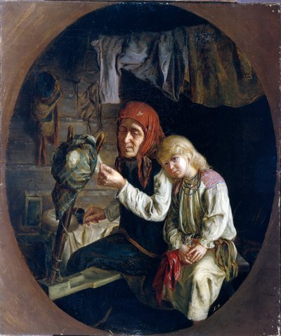 スピニング レッスン - スピニング レッスン - グリゴリ (Grigoriy、Grigory) による絵画 Grigoryevich Myasoyedov (Myasoedov、Miasoedov) (1834-1911)、キャンバスに油彩 作： Grigori Grigoryevich Myasoedov