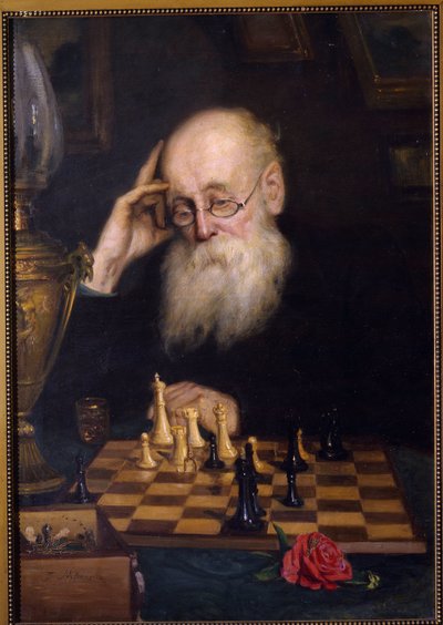 Chess against oneself (自分自身とのチェス)。 Grigori (Grigoriy, Grigory) Grigoryevich Myasoyedov (Myasoedov, Miasoedov) (1834-1911) による絵画、キャンバスに油彩 作： Grigori Grigoryevich Myasoedov