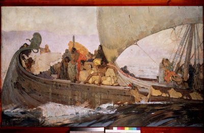 ミノアの旅。 クレタ島沖に出航します。 Ivan Grigoryevich Myasoyedov（Miasoyedov、Miasoyedov）（1881-1953）による絵画、キャンバスに油彩 作： Grigori Grigoryevich Myasoedov