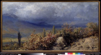 秋のクリミアの景色 (クリミアの秋の景色)。 Grigori (Grigoriy, Grigory) Grigoryevich Myasoyedov (Myasoedov, Miasoedov) (1834-1911) による絵画、キャンバスに油彩 作： Grigori Grigoryevich Myasoedov