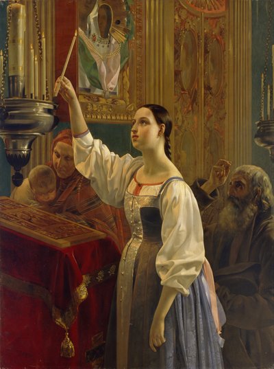 アイコンの前にろうそくを置いた少女、1842 作： Grigori Karpovich Mikhaylov