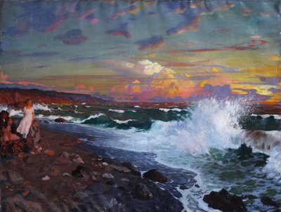 日没。 海岸、20世紀初頭。 作： Grigori Mikhailovich Bobrovsky