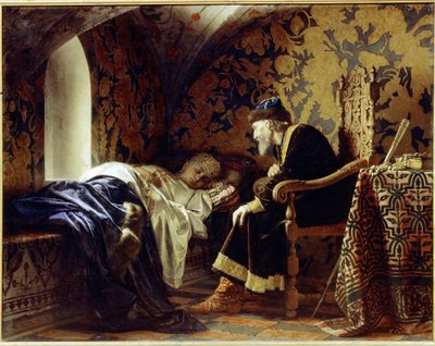 Vasilissa Melentieva (1579 年に死亡) とツァーリ イヴァン 4 世 (1530-1584)。 （Vasilisa MelentyevnaとTsar Ivan The Terrible）。 ツァーリの 6 番目の妻である若くて美しい女性は、イワン大帝の優しい視線の下、ベンチで眠っています。 作： Grigori Semenovich Sedov